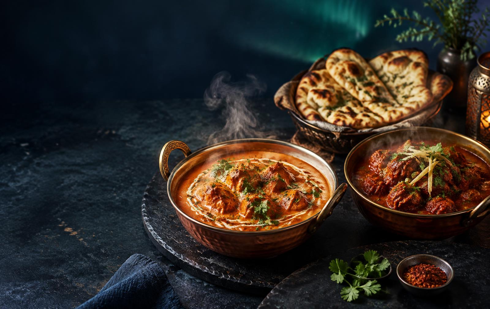 Kashmiriska curryrätter och naan på ett dukat bord